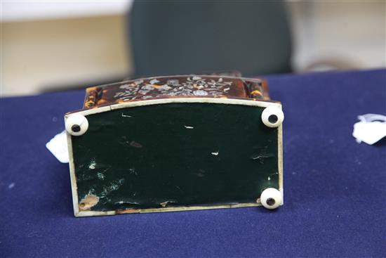 An early Victorian mother of pearl inlaid tortoiseshell tea caddy, 7in.